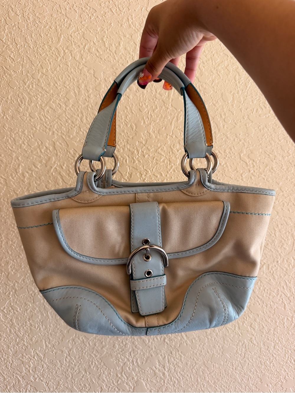 Coach mini soho tote baby blue & beige canvas